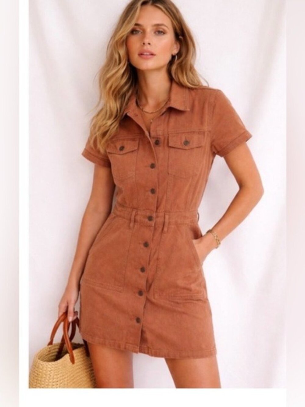 Pacsun Burnt Orange Denim Short Sleeve Button Down Dress - XS